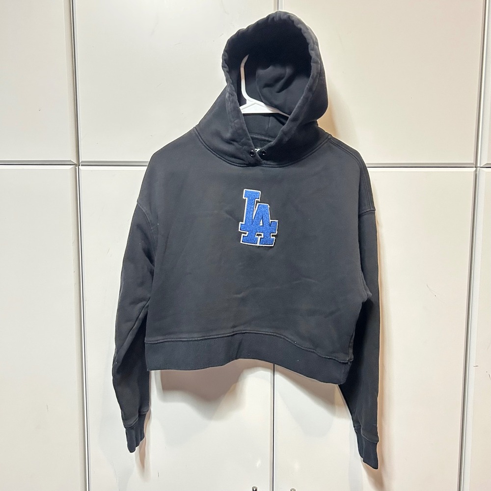 Pro Standard Los Angeles Dodgers Cropped Hoodie Black Blue Chenille Patch XS